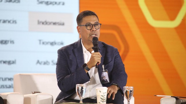 Direktur Utama PT Bank Syariah Indonesia (Persero) Tbk, Anggoro Eko Cahyo saat menyampaikan pemaparan dalam Jogja Financial Festival 2026 di Jogja Expo Center (JEC), Yogyakarta, DIY, Sabtu (23/5/2026). (CNBC Indonesia/Faisal Rahman)