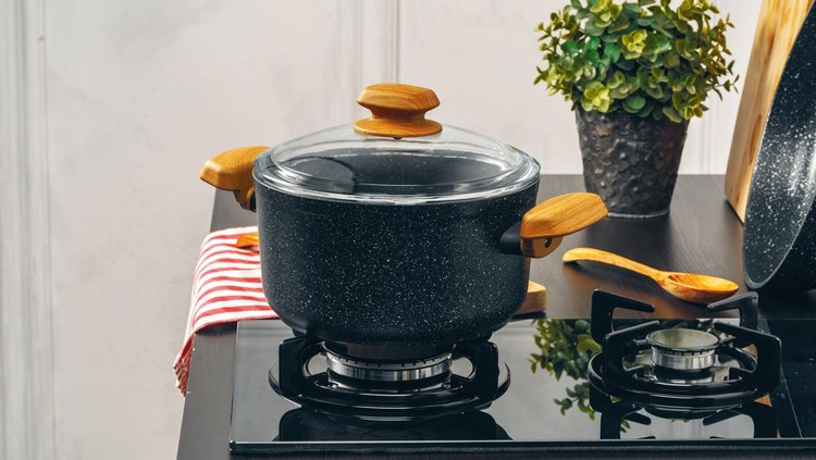 Clean saucepan on a gas stove in kitchen