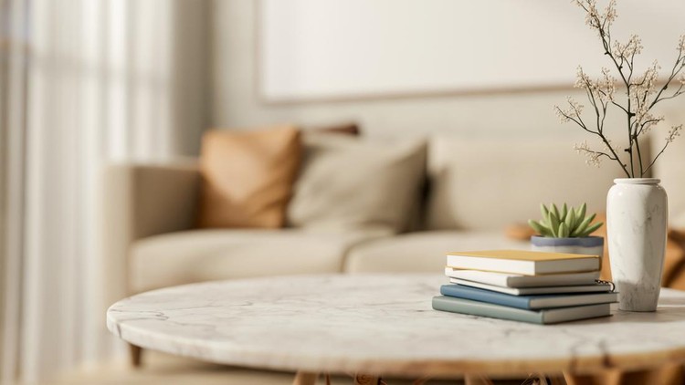 Books with flower vase and potted plant on round marble table across sofa in blurred living room&period; Product Display&comma; Modern Minimalist&comma; Cosy Atmosphere&period;