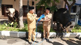 Mendagri Muhammad Tito Karnavian menyerahkan hewan kurban yang terkumpul di lingkungan Kemendagri dan BNPP.