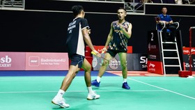 Fajar Alfian/Muhammad Shohibul Fikri saat tampil di Singapore Open 2026. (Arsip PBSI)