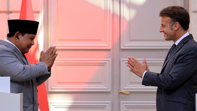 France's President Emmanuel Macron and Indonesia's President Prabowo Subianto greet each other at the end of a joint press statement at The Elysee Presidential Palace in Paris, France May 28, 2026.  LUDOVIC MARIN/Pool via REUTERS