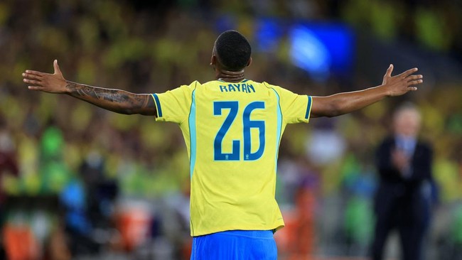 Soccer Football - International Friendly - Brazil v Panama - Estadio Maracana, Rio de Janeiro, Brazil - May 31, 2026 Brazil's Rayan celebrates scoring their third goal REUTERS/Pilar Olivares