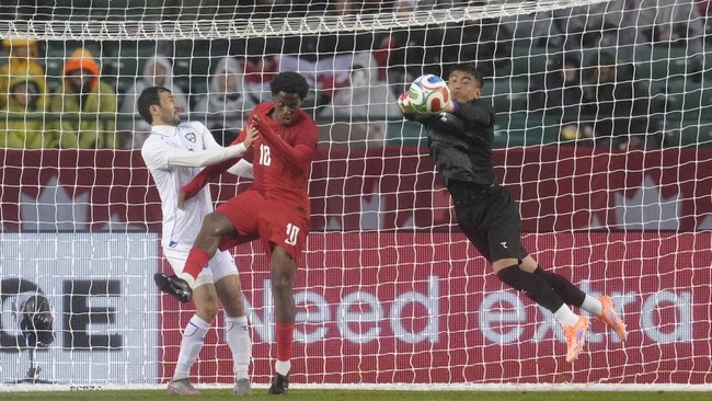 EDMONTON, ALBERTA - JUNE 01: Abduvohid Nematov of Uzbekistan makes a save during the international friendly match between Canada and Uzbekistan at Commonwealth Stadium on June 01, 2026 in Edmonton, Alberta.   Jeff Vinnick/Getty Images/AFP (Photo by J