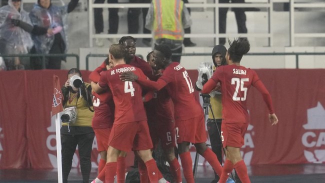 EDMONTON, ALBERTA - JUNE 01: Jayden Nelson of Canada celebrates with teammates after scoring his team's first goal during the international friendly match between Canada and Uzbekistan at Commonwealth Stadium on June 01, 2026 in Edmonton, Alberta.