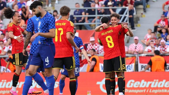 Soccer Football - International Friendly - Croatia v Belgium - Stadion HNK Rijeka, Rijeka, Croatia - June 2, 2026 Belgium's Youri Tielemans celebrates scoring their first goal with Maxim De Cuyper REUTERS/Antonio Bronic