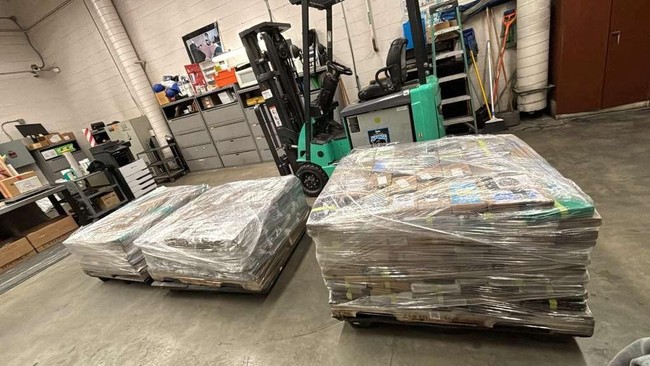 Crates with bags of cocaine seized  by U.S. authorities, in an unknown location, as a cross-border drug tunnel between U.S. and Mexico was discovered, in this screengrab taken from a handout video obtained  by Reuters on June 2, 2026. US Attorney's O