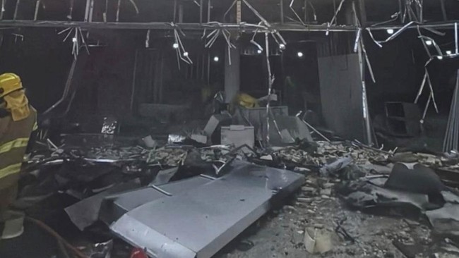 The damaged roof of a buliding at the Kuwait International Airport following a strike, in Kuwait City, Kuwait, June 3, 2026, in this still image of a photo used in a video. Civil Aviation Kuwait/Handout via REUTERS