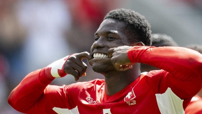 Switzerland's forward #7 Breel Embolo celebrates scoring his team's first goal during a friendly football match between Switzerland and Jordan ahead of the 2026 FIFA World Cup football tournament at the Kybunpark stadium in St. Gallen on May 31, 2026