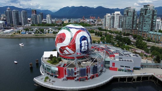The dome at Science World, which has been transformed into a 360-degree, 40-metre-diameter re-creation of a match ball ahead of the FIFA World Cup soccer tournament, in Vancouver, British Columbia, Canada, June 3, 2026. REUTERS/Jennifer Gauthier