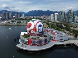 The dome at Science World, which has been transformed into a 360-degree, 40-metre-diameter re-creation of a match ball ahead of the FIFA World Cup soccer tournament, in Vancouver, British Columbia, Canada, June 3, 2026. REUTERS/Jennifer Gauthier