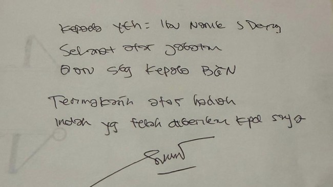 Ucapan mantan Wakil Kepala Badan Gizi Nasional (BGN), Irjen Pol (Purn) Sony Sonjaya, kepada Nanik S Deyang berisi pesan ucapan selamat atas jabatan barunya sebagai Kepala Badan Gizi Nasional