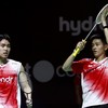 Raymond Indra/Nikolaus Joaquin menumbangksan Takuro Hoki/Yugo Kobayashi pada perempat final Indonesisa Open 2026. (ANTARA FOTO/ASPRILLA DWI ADHA)
