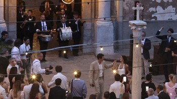 Singer Dua Lipa dances with her husband, actor Callum Turner, during wedding festivities following their marriage, in Palermo, Italy, June 5, 2026. REUTERS/Igor Petyx