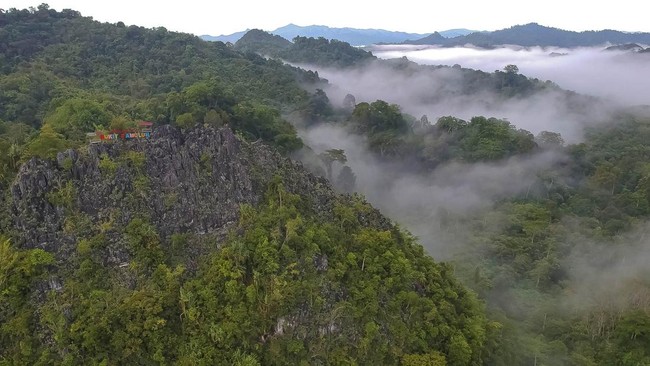 Foto udara kawasan wisata karst Bukit Tamulun, Desa Berkun, Limun, Sarolangun, Jambi, Rabu (17/11/2021). Karst Bukit Tamulun yang berada di hutan adat Tamulun Indah di bagian hulu Sungai Batang Limun merupakan salah satu wisata alam potensial namun t