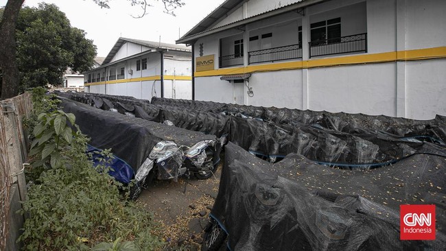 Deretan motor listrik berwarna biru-hitam terlihat terparkir rapi di kawasan industri Sentul, Kabupaten Bogor, Rabu (10/6/2026). Kendaraan-kendaraan tersebut berjajar di area terbuka dan tertutup jaring terpal berwarna hitam yang mulai dipenuhi daun-