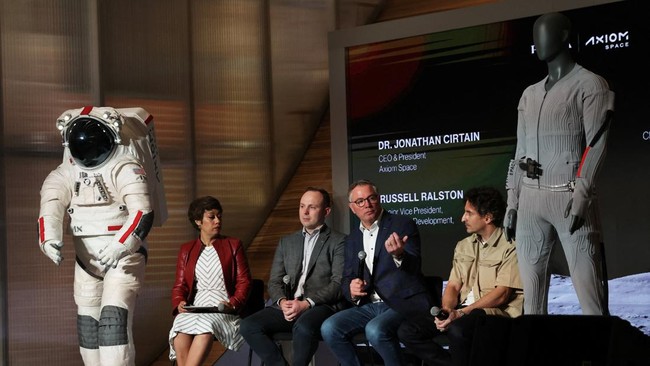 Sonya Gavankar McKay, Russell Ralston, Jonathan Cirtain, and Lorenzo Bertelli speak on a panel during a press event by Prada and Axiom Space in New York City, U.S., June 7, 2026. REUTERS/Heather Khalifa