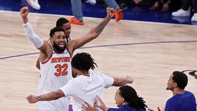 NEW YORK, NEW YORK - JUNE 10: Karl-Anthony Towns #32 of the New York Knicks celebrates after his team's 107-106 victory against the San Antonio Spurs in Game Four of the 2026 NBA Finals at Madison Square Garden on June 10, 2026 in New York City. NOTE
