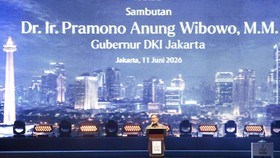 Gubernur DKI Jakarta Pramono Anung memberikan sambutan saat pembukaan Jakarta Fair Kemayoran 2026 di Jakarta International Expo, Kemayoran, Jakarta, Kamis (11/6/2026). Pameran multiproduk terbesar di Indonesia yang diselenggarakan dalam rangka memeri