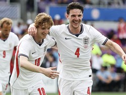 ORLANDO, FLORIDA - JUNE 10: Declan Rice #4 of England celebrates scoring his team's first goal with Anthony Gordon during the International Friendly match between England and Costa Rica at Inter&Co Stadium on June 10, 2026 in Orlando, Florida.   Rich