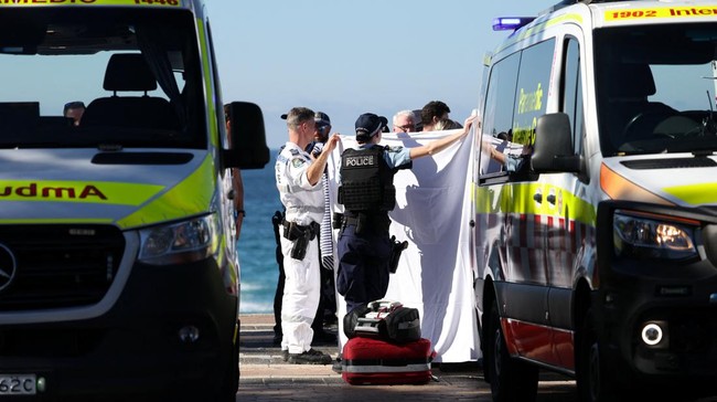 Police and emergency personnel at the scene after reports of a shark attack at Coogee Beach in Sydney, Australia, June 13, 2026. REUTERS/Hollie Adams