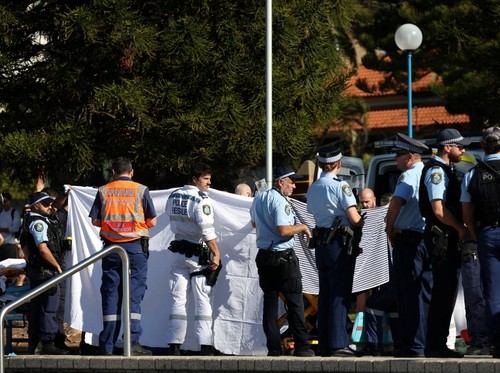 Police and emergency personnel at the scene after reports of a shark attack at Coogee Beach in Sydney, Australia, June 13, 2026. REUTERS/Hollie Adams