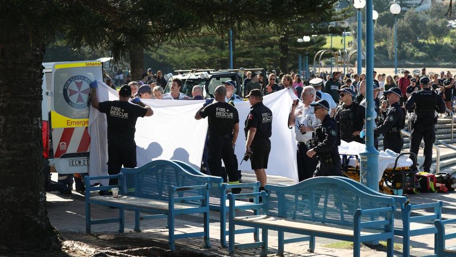 Polisi dan petugas darurat berada di letak kejadian setelah adanya laporan serangan hiu di Pantai Coogee di Sydney, Australia, 13 Juni 2026. (REUTERS/Hollie Adams)