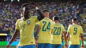 Soccer Football - FIFA World Cup 2026 - Group C - Brazil v Morocco - New York/New Jersey Stadium, East Rutherford, New Jersey, U.S. - June 13, 2026 Brazil's Vinicius Junior celebrates scoring their first goal IMAGN IMAGES via Reuters/Vincent Carchiet