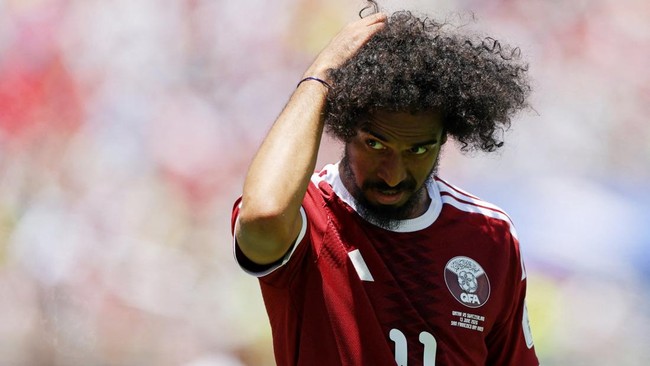 Soccer Football - FIFA World Cup 2026 - Group B - Qatar v Switzerland - San Francisco Bay Area Stadium, Santa Clara, California, U.S. - June 13, 2026 Qatar's Akram Afif reacts REUTERS/Carlos Barria