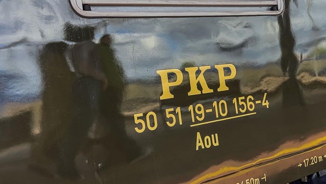 A logo of the state-owned rail operator, PKP, on the exterior of the