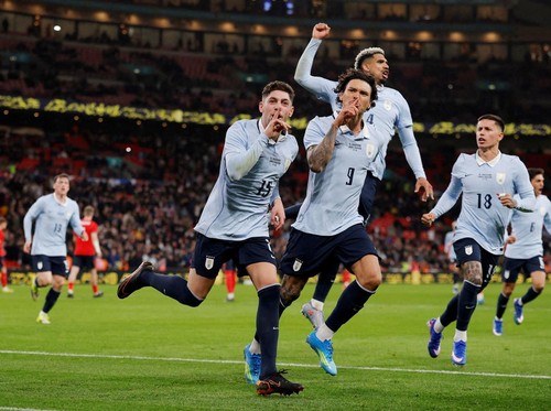 FILE PHOTO: Soccer Football - International Friendly - England v Uruguay - Wembley Stadium, London, Britain - March 27, 2026 Uruguay's Federico Valverde celebrates scoring their first goal with teammates Action Images via Reuters/Andrew Couldridge