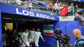 Soccer Football - FIFA World Cup 2026 - Group G - Iran v New Zealand - Los Angeles Stadium, Inglewood, California, U.S. - June 15, 2026 Iran's Mehdi Taremi, Ramin Rezaeian and Mohammad Mohebbi walk out onto the pitch during the warm up before the mat