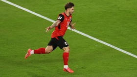 SANTA CLARA, CALIFORNIA - JUNE 16: Romano Schmid #18 of Austria celebrates scoring his team's first goal during the FIFA World Cup 2026 Group J match between Austria and Jordan at San Francisco Bay Area Stadium on June 16, 2026 in Santa Clara, Califo