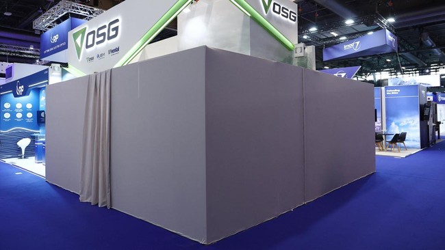 View of the walled off booth of the Israeli company OSG at the Eurosatory international land and air defence and security trade fair in Villepinte near Paris, France, June 15, 2026. REUTERS/Alice Sacco