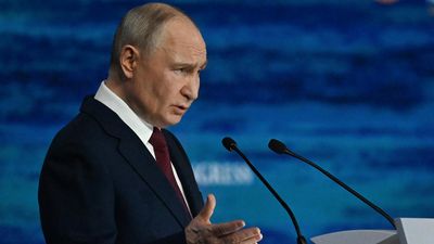 Russian President Vladimir Putin delivers a speech during the plenary session of the St. Petersburg International Economic Forum (SPIEF) in Saint Petersburg on June 5, 2026. (Photo by OLGA MALTSEVA / 
