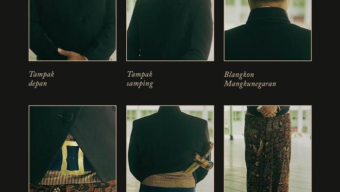 Ageman Kakung untuk Kirab Malam 1 Suro. Pria mengenakan beskap hitam polos dan jarik wiru