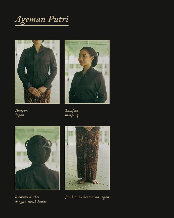 Ageman Putri untuk Kirab Malam 1 Suro. Perempuan mengenakan kebaya kartini hitam polos dan jarik wiru