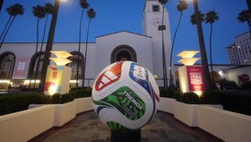 Jun 10, 2026; Los Angeles, California, USA; A general overall view of FIFA World Cup 2026 signage and large soccer ball at Los Angeles Union Station. Mandatory Credit: Kirby Lee-Imagn Images