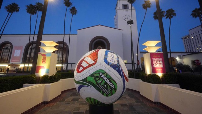 Jun 10, 2026; Los Angeles, California, USA; A general overall view of FIFA World Cup 2026 signage and large soccer ball at Los Angeles Union Station. Mandatory Credit: Kirby Lee-Imagn Images