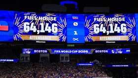 FOXBOROUGH, MASSACHUSETTS - JUNE 13: The big screen displays the number of attendance of full house 64,146 spectators during the FIFA World Cup 2026 Group C match between Haiti and Scotland at Boston Stadium on June 13, 2026 in Foxborough, Massachuse