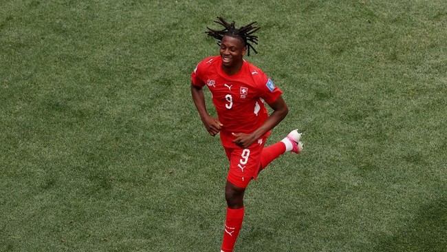 INGLEWOOD, CALIFORNIA - JUNE 18: Johan Manzambi #9 of Switzerland celebrates scoring his team's third goal during the FIFA World Cup 2026 Group B match between Switzerland and Bosnia and Herzegovina at Los Angeles Stadium on June 18, 2026 in Inglewoo