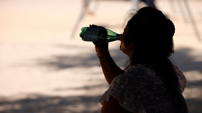 A woman drinks from a bottle as she sits on a bench on the shade of a tree in the Parc Monceau in Paris as a second heatwave hits a large of France, June 19, 2026. REUTERS/Alice Sacco