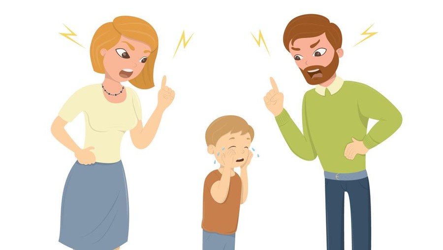 Parents abuse the boy&period; Angru mom and dad yell at little scared kid&period; Characters on white background&period; Children's abusing&period;