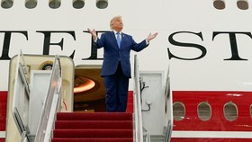 U.S. President Donald Trump gestures as he tours the VC-25B aircraft gifted by Qatar that will be used as Air Force One, at Joint Base Andrews, Maryland, U.S., June 19, 2026. REUTERS/Elizabeth Frantz