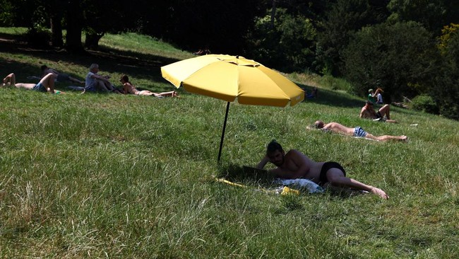 A person lies in the shade of a parasol in the Parc des Buttes-Chaumont in Paris as temperatures rise during a heatwave affecting a large part of France, June 22, 2026. REUTERS/Abdul Saboor