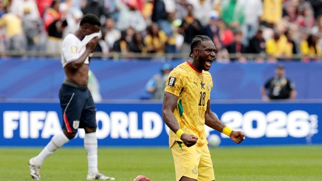 Soccer Football - FIFA World Cup 2026 - Group L - England v Ghana - Boston Stadium, Foxborough, Massachusetts, U.S. - June 23, 2026 Ghana's Jerome Opoku celebrates after the match REUTERS/Brian Snyder