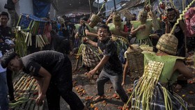 Warga saling lempar tomat busuk di Festival Perang Tomat 2026 di Kampung Cikareumbi, Lembang, Kabupaten Bandung Barat, Jawa Barat, Jumat (26/6).