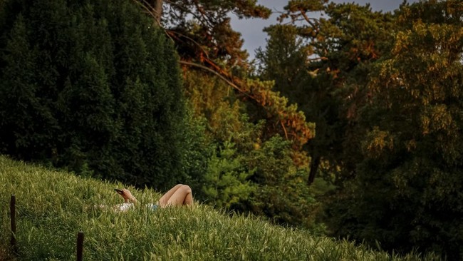 A woman looks at her mobile phone while sheltering from the heat in the Parc des Buttes-Chaumont in Paris, early June 26, 2026, as France experiences a heatwave. Hundreds of Parisians seeking relief from the heat took refuge in the Parc des Buttes-Ch