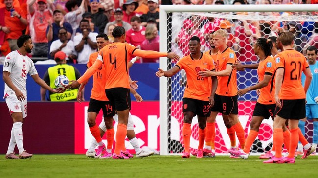Soccer Football - FIFA World Cup 2026 - Group F - Tunisia v Netherlands - Kansas City Stadium, Kansas City, Missouri, U.S. - June 25, 2026 Netherlands players celebrate their first goal, an own goal scored by Tunisia's Ellyes Skhiri IMAGN IMAGES via