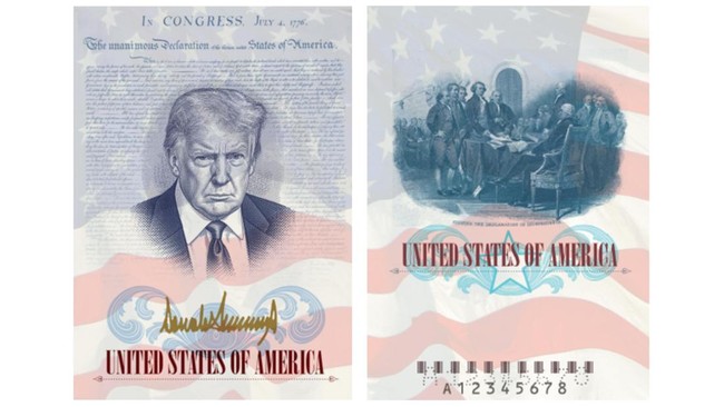 Presiden Amerika Serikat (AS) Donald Trump meluncurkan paspor baru yang disertai gambar dirinya sedang cemberut.
